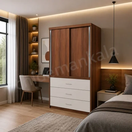 کمد درب ریلی ام دی اف کشودار مدل K05 با دو درب ریلی،سه کشوی عمیق و طراحی مدرن