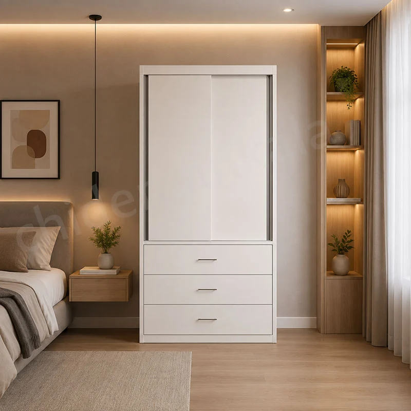 کمد درب ریلی ام دی اف کشودار مدل K05 در رنگ سفید قابل سفارش است.