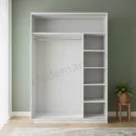 فضای داخلی کمد لباس ریلی ام دی اف دو درب مدل K04 با یک رگال بزرگ،پنج طبقه و طبقه بالایی جادار