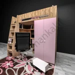 تخت خواب دوطبقه نوجوان با کمد لباس مدل T141/ دارای قفسه ، میز تحریر ، کمد لباس ، کشو /تمام ام دی اف