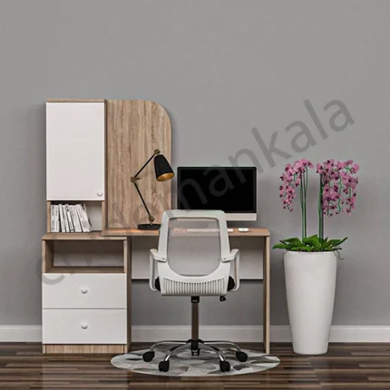 میز تحریر با کتابخانه و کشو رنگ سوییس الم و سفید