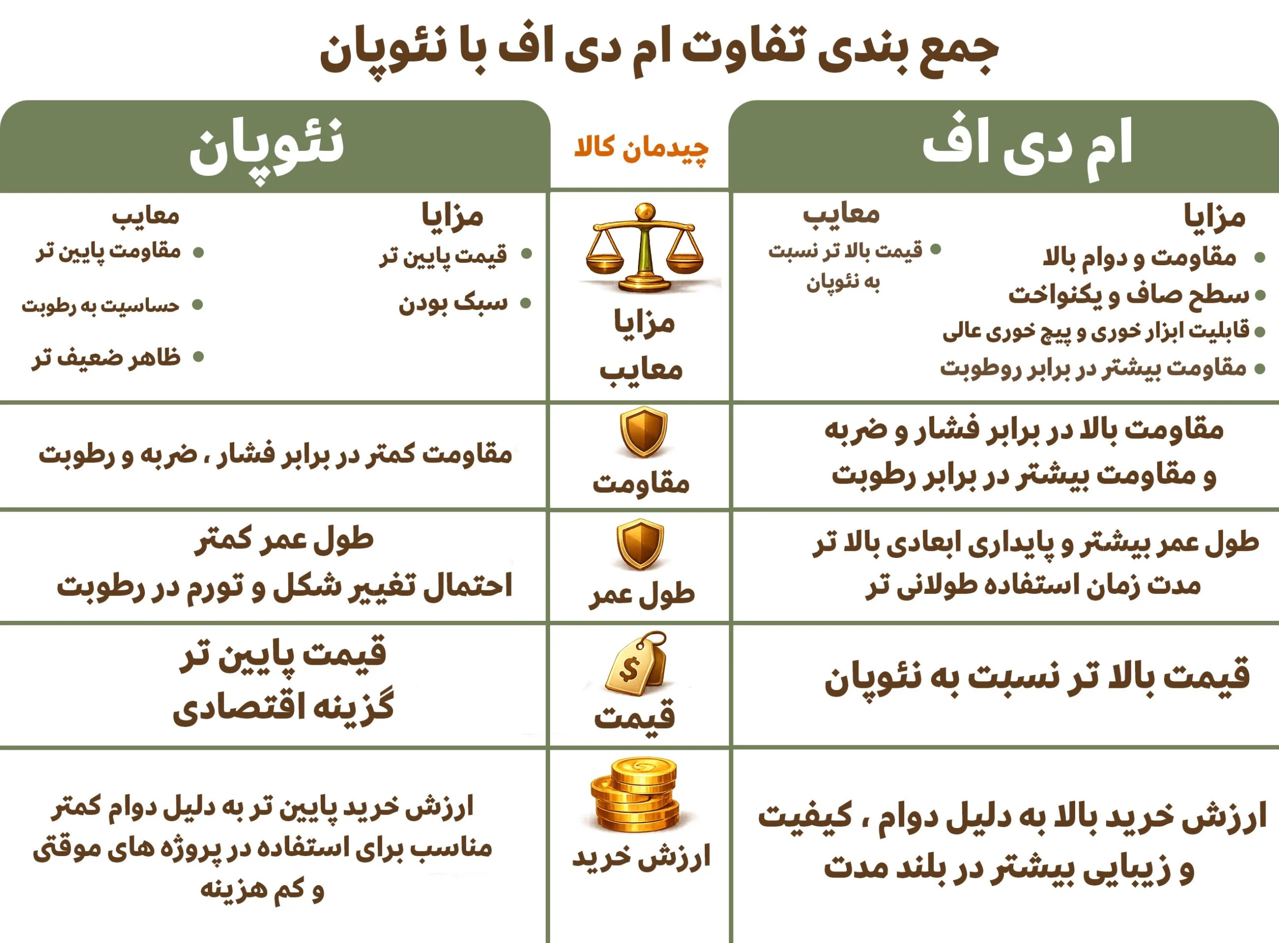 اینفوگرافیک جمع بندی تفاوت ام دی اف با نئوپان از نظر مقاومت ، قیمت ، طول عمر ، مزایا و کاربرد