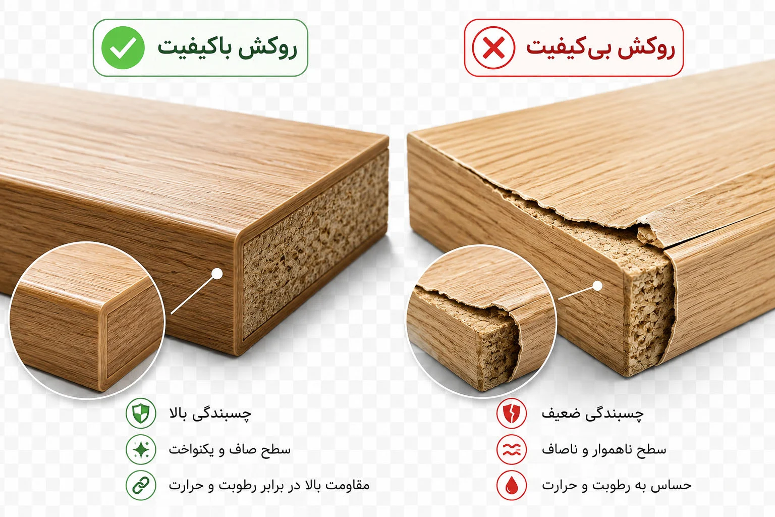 مقایسه کیفیت روکش در محصولات ام دی اف و نئوپان
