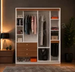 فضای داخلی کمد درب ریلی ام دی اف آینه دار مدل K01 با دو رگال،سه کشو و طبقات کاربردی