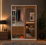 فضای داخلی سمت چپ کمد درب ریلی ام دی اف آینه دار مدل K01 با طبقات،سه کشو و رگال