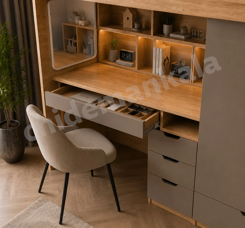 نمای نزدیک از میز تحریر و طبقات T146 نمای نزدیک میز تحریر T146 با شلف و طبقات داخلی
